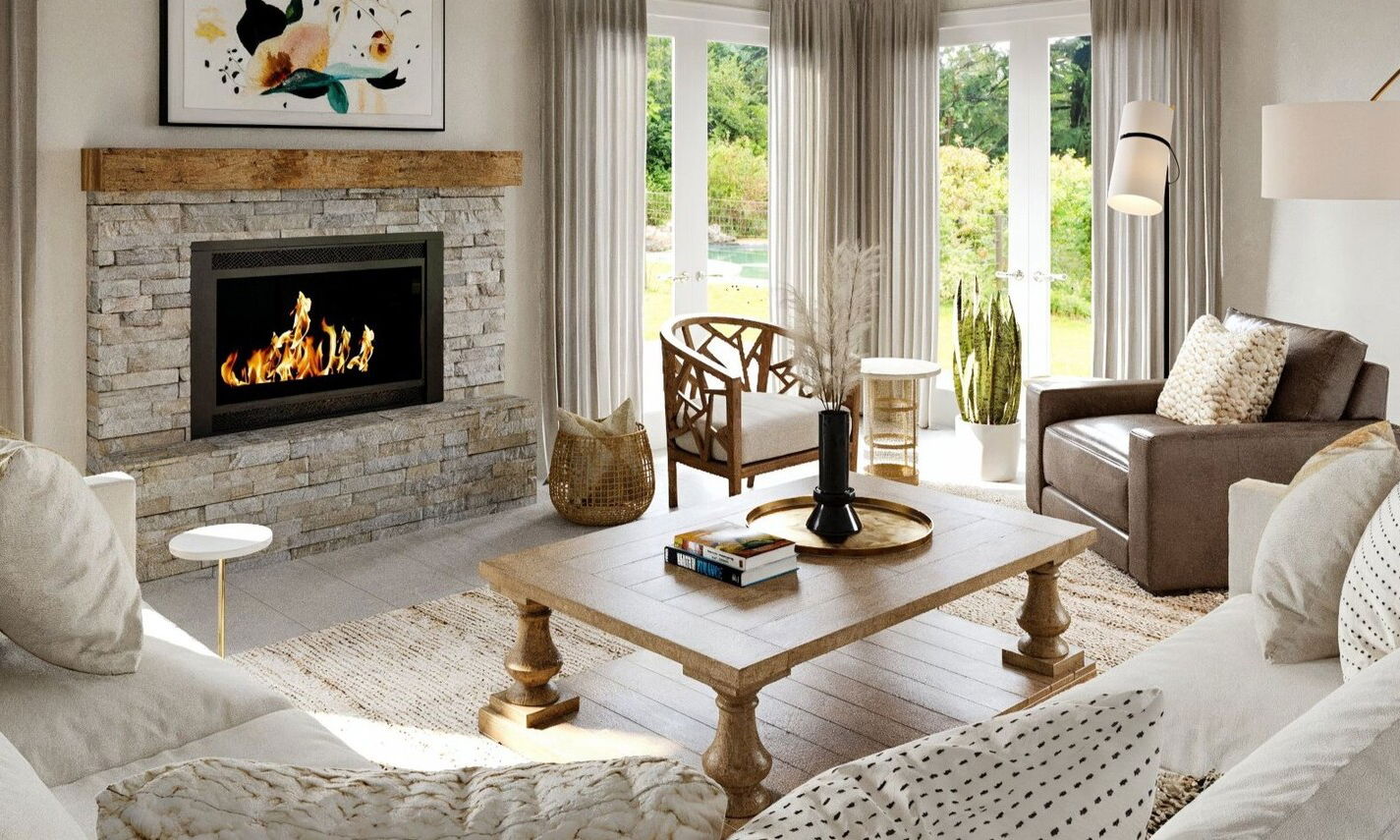 Coastal Living & Dining with Stone Fireplace by affordable Austin interior designers